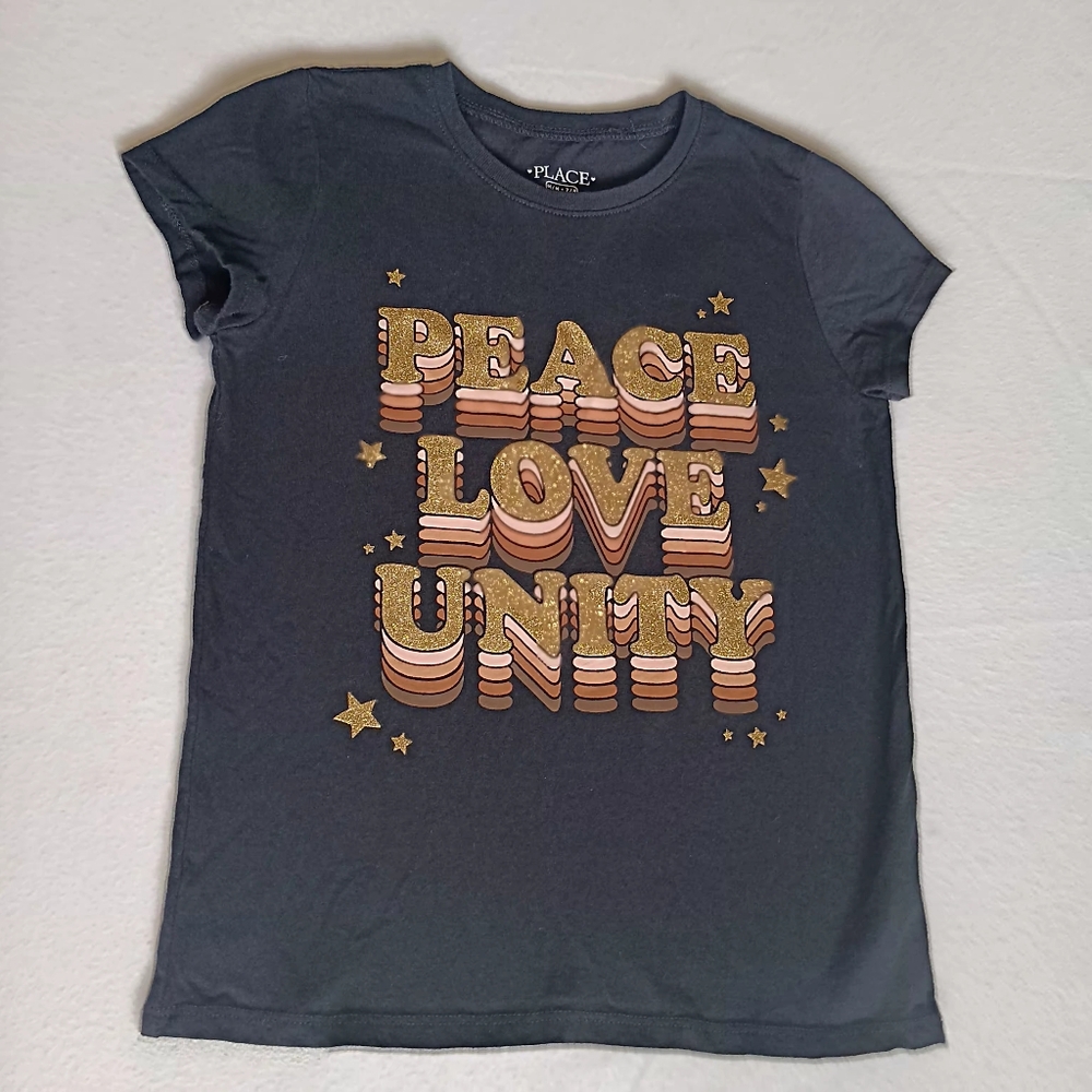 Place Kids Tee Sz M7/8 - Black with Gold and Brown Accents 'Peace Love Unity'